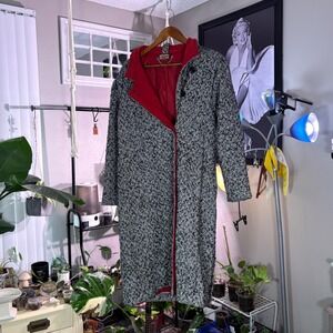 Vintage New York Girl Herringbone Long Coat Black White Red Lining Size 14 USA